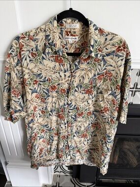 Pierre Cardin Beige Floral Short-Sleeve Button-Up with Rust & Olive Accents